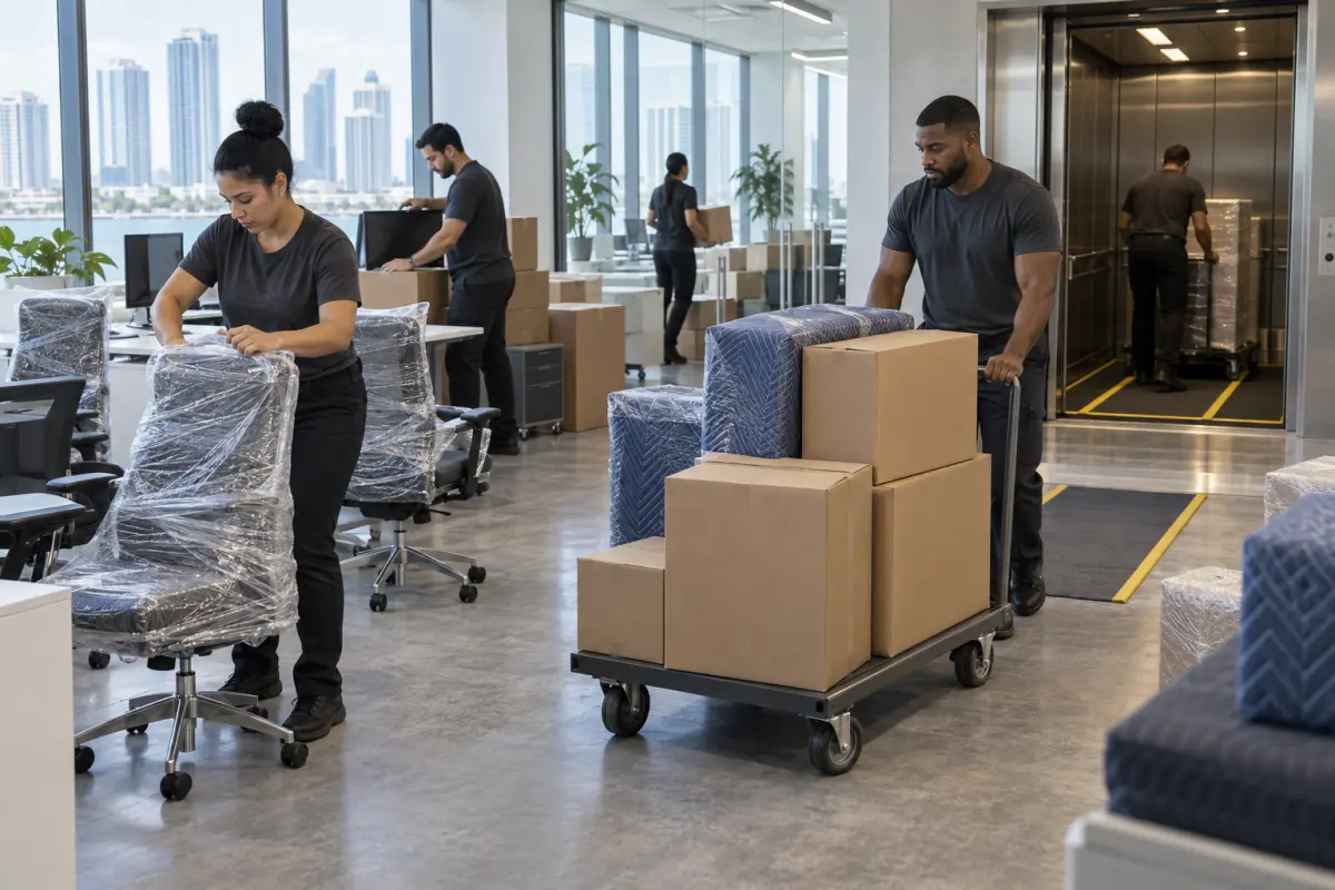 Commercial moving team organizing labeled items for a Doral office move