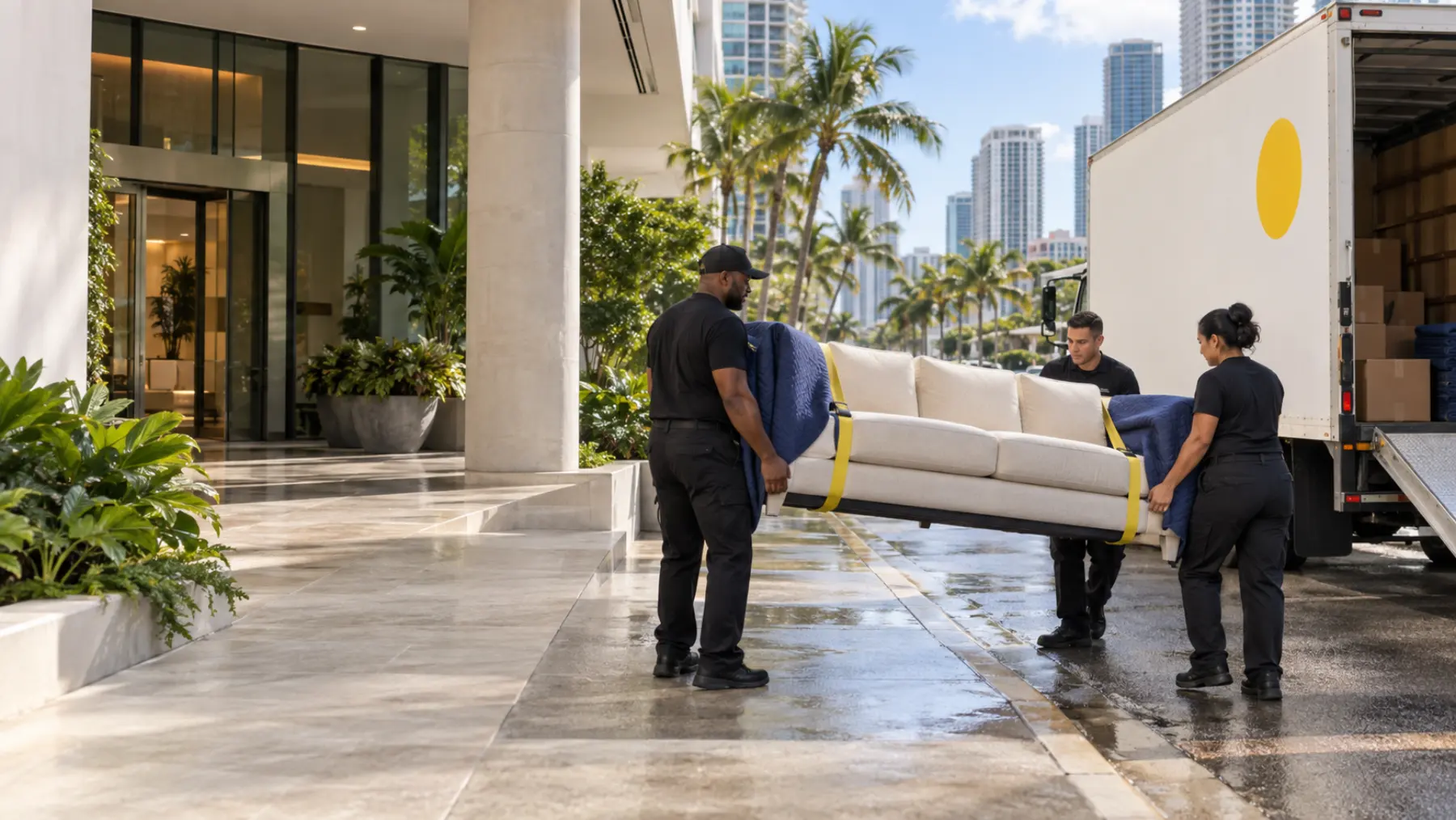 Equipo de mudanzas trasladando un sofá protegido frente a un edificio de Brickell