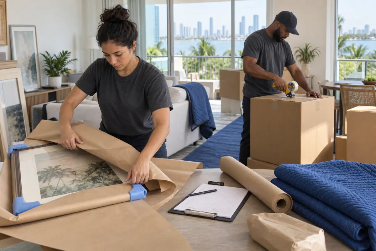 Movers preparing boxes and framed art for a Miami apartment move
